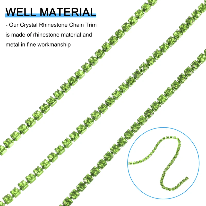 10 Yard Crystal Rhinestone Chain, 3.0mm Close Claw Chain Trim, Light Green