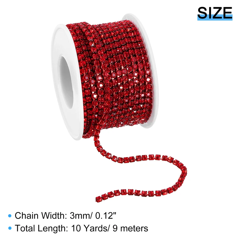 10 Yard Crystal Rhinestone Chain, 3.0mm Close Claw Chain Trim, Red