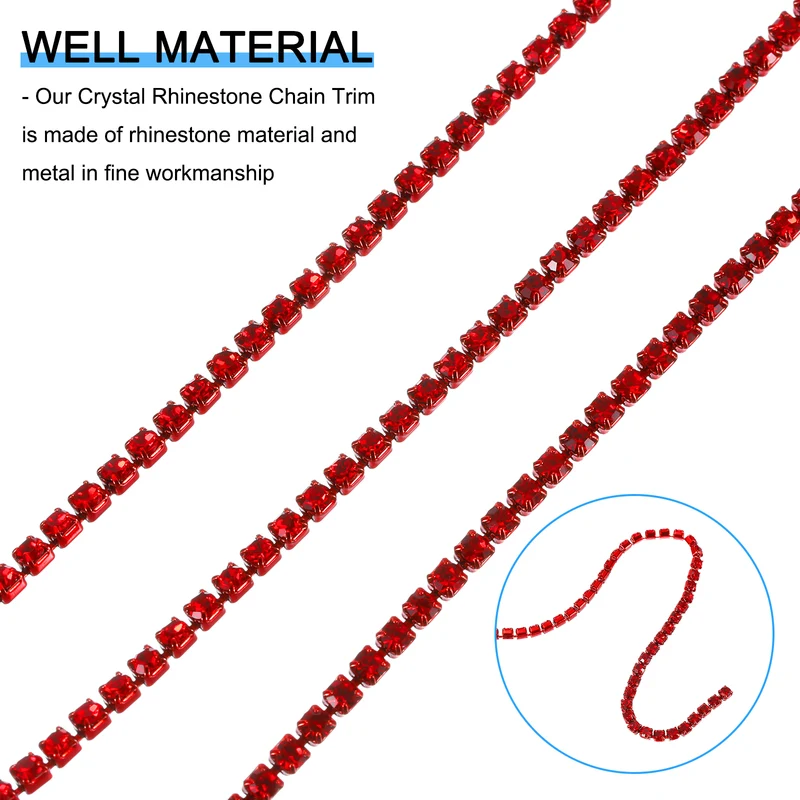 10 Yard Crystal Rhinestone Chain, 3.0mm Close Claw Chain Trim, Red