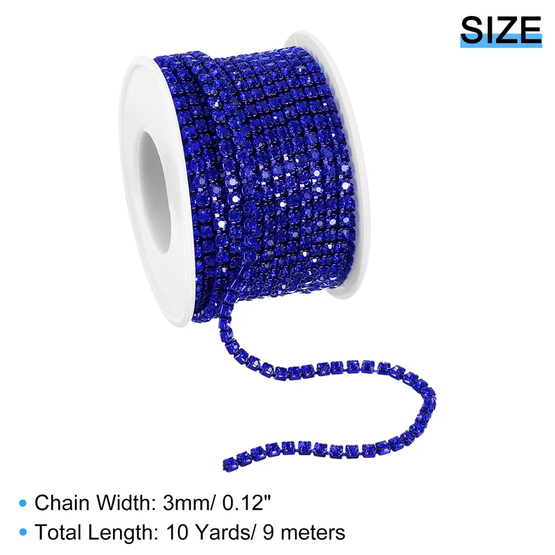 10 Yard Crystal Rhinestone Chain, 3.0mm Close Claw Chain Trim, Sapphire Blue