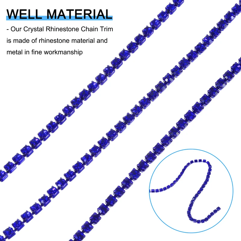 10 Yard Crystal Rhinestone Chain, 3.0mm Close Claw Chain Trim, Sapphire Blue