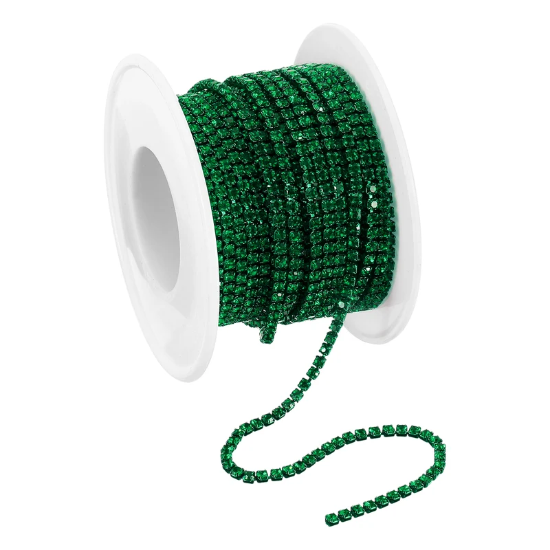 10 Yard Crystal Rhinestone Chain, 2.0mm Close Claw Chain Trim, Dark Green
