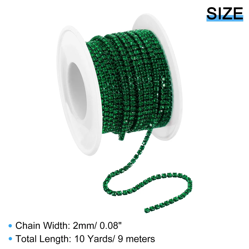 10 Yard Crystal Rhinestone Chain, 2.0mm Close Claw Chain Trim, Dark Green
