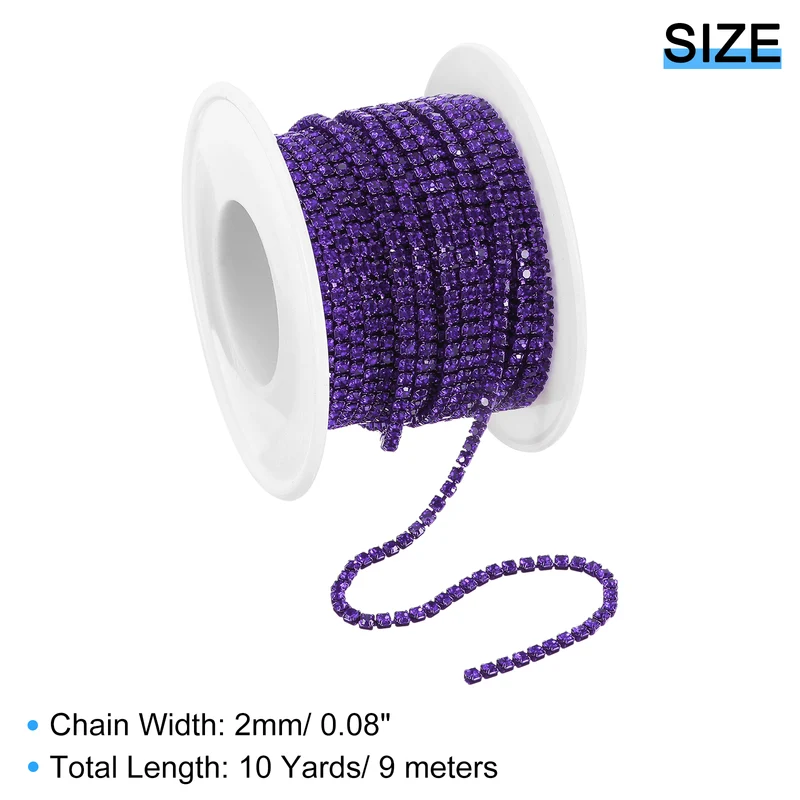 10 Yard Crystal Rhinestone Chain, 2.0mm Close Claw Chain Trim, Deep Purple