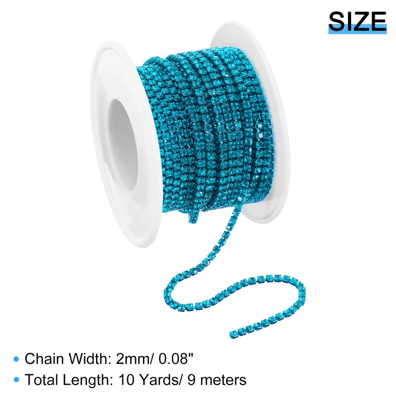 10 Yard Crystal Rhinestone Chain, 2.0mm Close Claw Chain Trim, Bright Blue