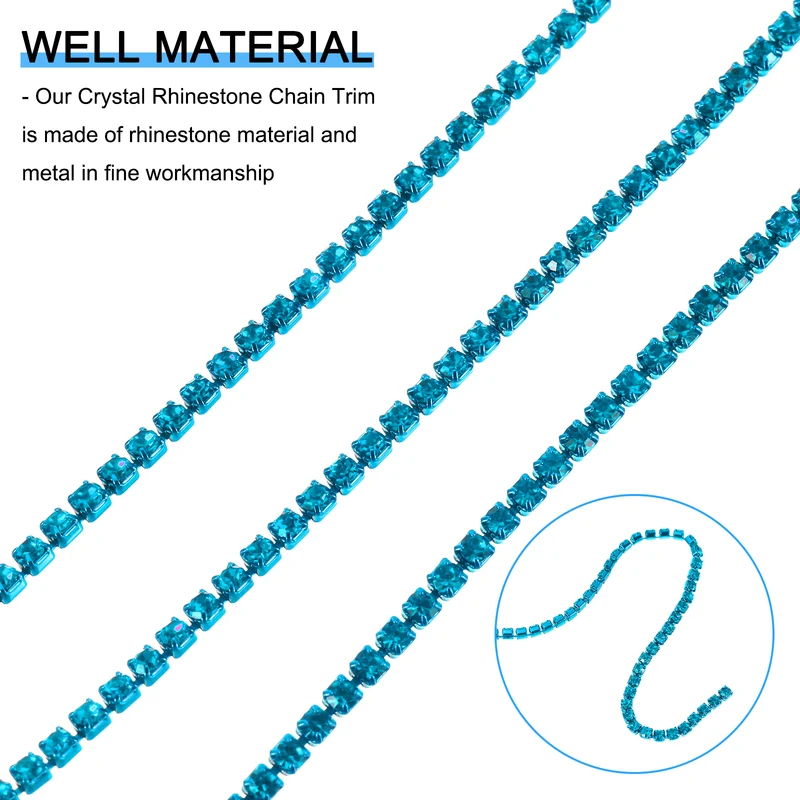 10 Yard Crystal Rhinestone Chain, 2.0mm Close Claw Chain Trim, Bright Blue