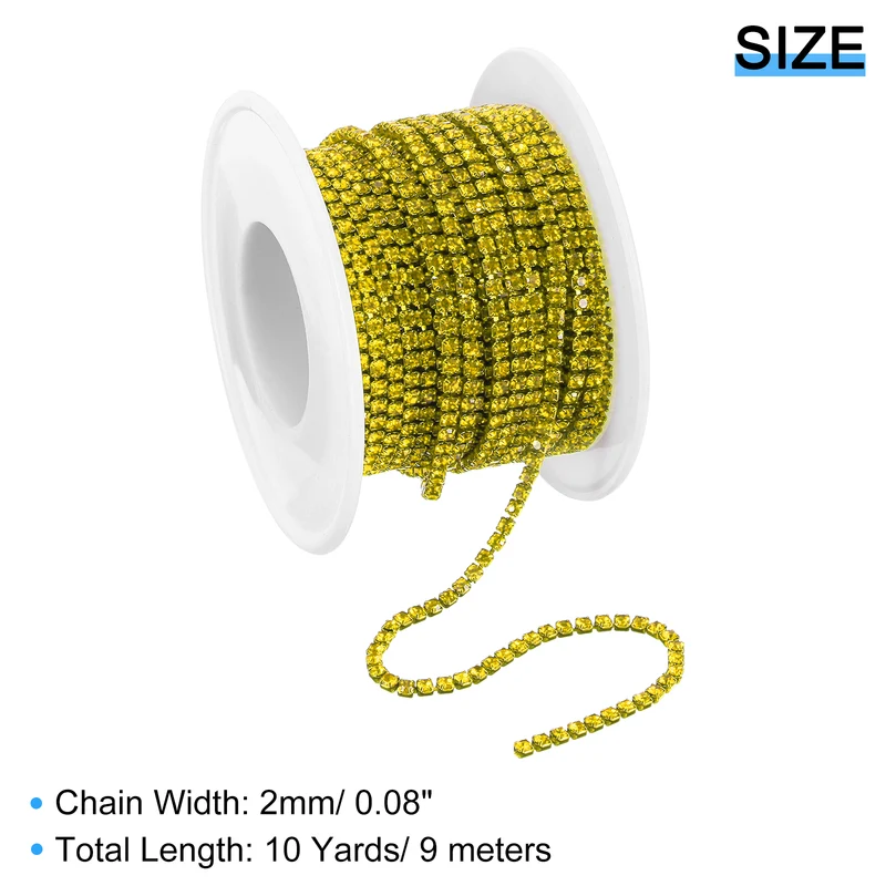 10 Yard Crystal Rhinestone Chain, 2.0mm Close Claw Chain Trim, Lemon Yellow