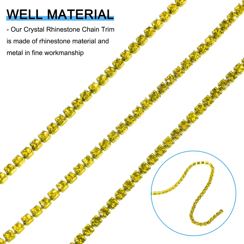 10 Yard Crystal Rhinestone Chain, 2.0mm Close Claw Chain Trim, Lemon Yellow