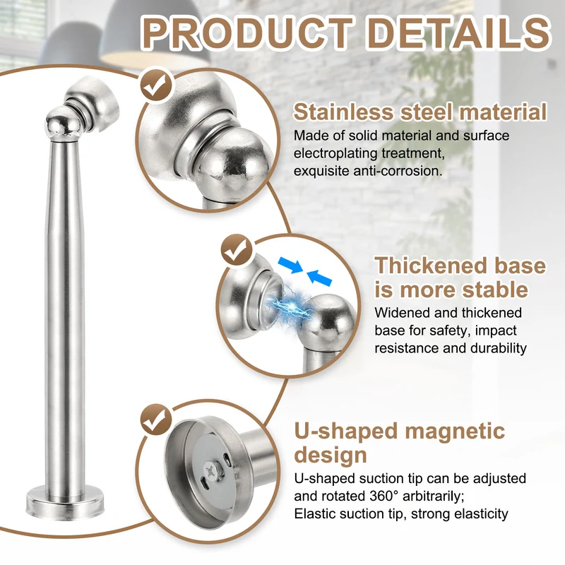 9.4" Magnetic Door Stoppers, Wall Floor Mounted Door Catch Holder, Silver