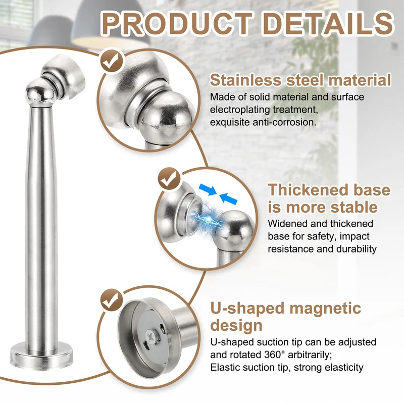 8.3" Magnetic Door Stoppers, Wall Floor Mounted Door Catch Holder, Silver