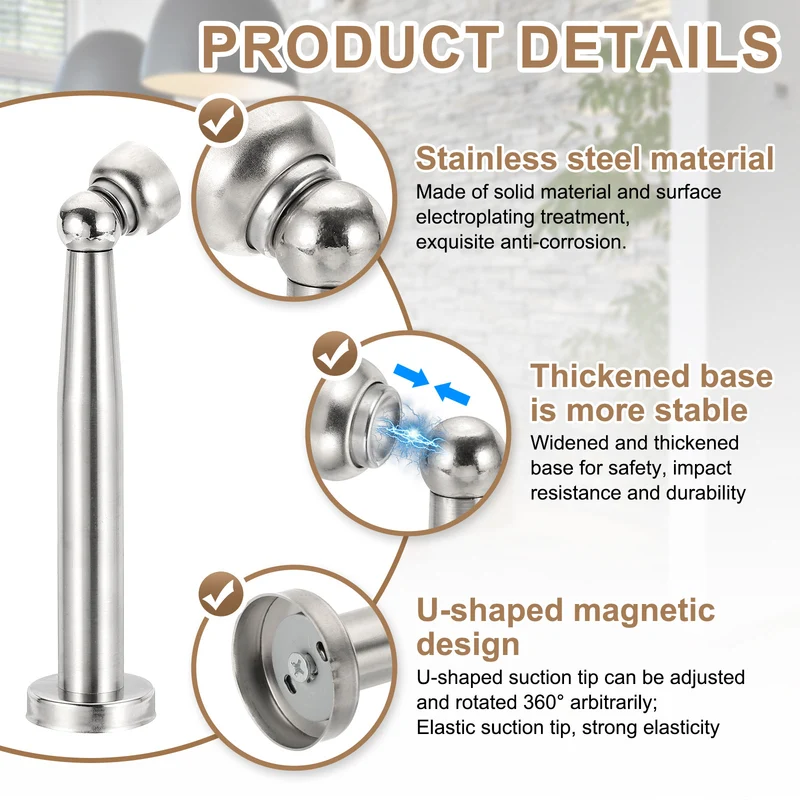 7.5" Magnetic Door Stoppers, Wall Floor Mounted Door Catch Holder, Silver