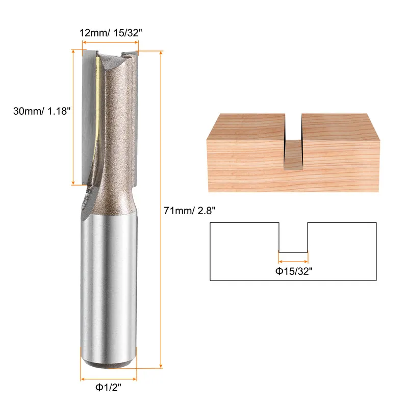 2pcs Straight Router Bit 1/2 Shank 15/32" Cutting Dia 2 Flutes 1.18" YG6 Carbide