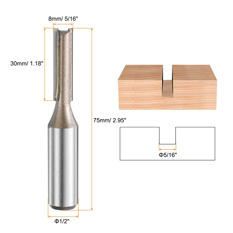 2pcs Straight Router Bit 1/2 Shank 5/16" Cutting Dia 2 Flutes 1.18" YG6 Carbide