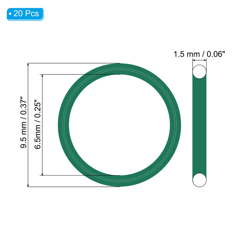20Pcs Fluorine Rubber O-Ring 9.5mm OD 6.5mm ID 1.5mm Width,FKM Seal Gasket,Green