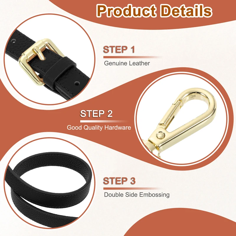0.7" Genuine Leather Purse Strap for Bag Black Gold Buckle
