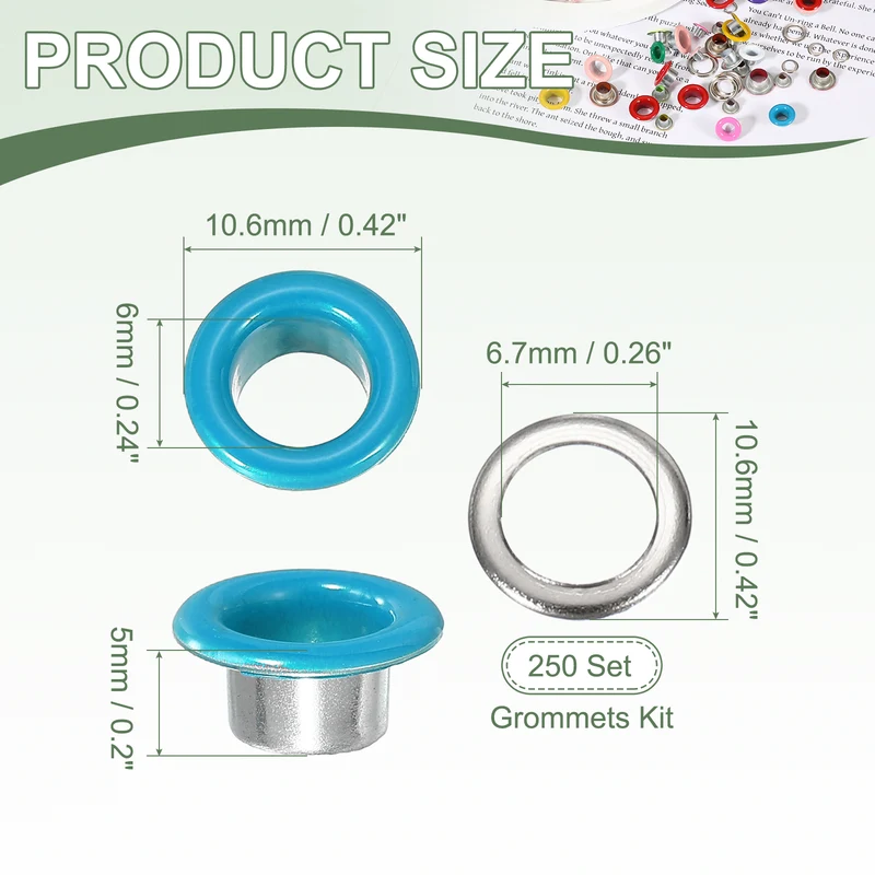 Grommets Kit, Metal Eyelets with Washers 6mm 1/4" & 250 Set & Sky Blue