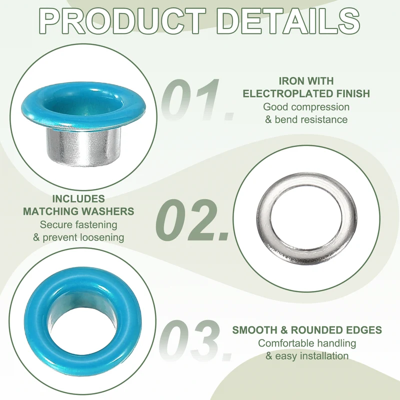 Grommets Kit, Metal Eyelets with Washers 6mm 1/4" & 250 Set & Sky Blue