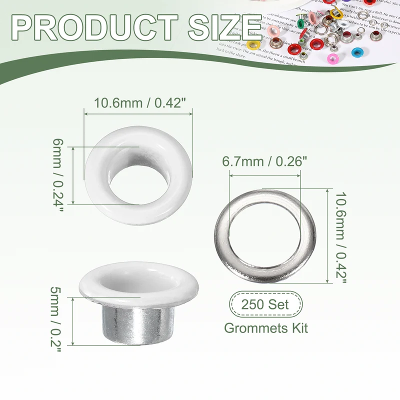 Grommets Kit, Metal Eyelets with Washers 6mm 1/4" & 250 Set & White