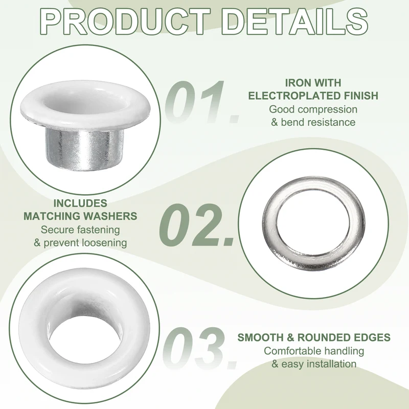 Grommets Kit, Metal Eyelets with Washers 6mm 1/4" & 250 Set & White