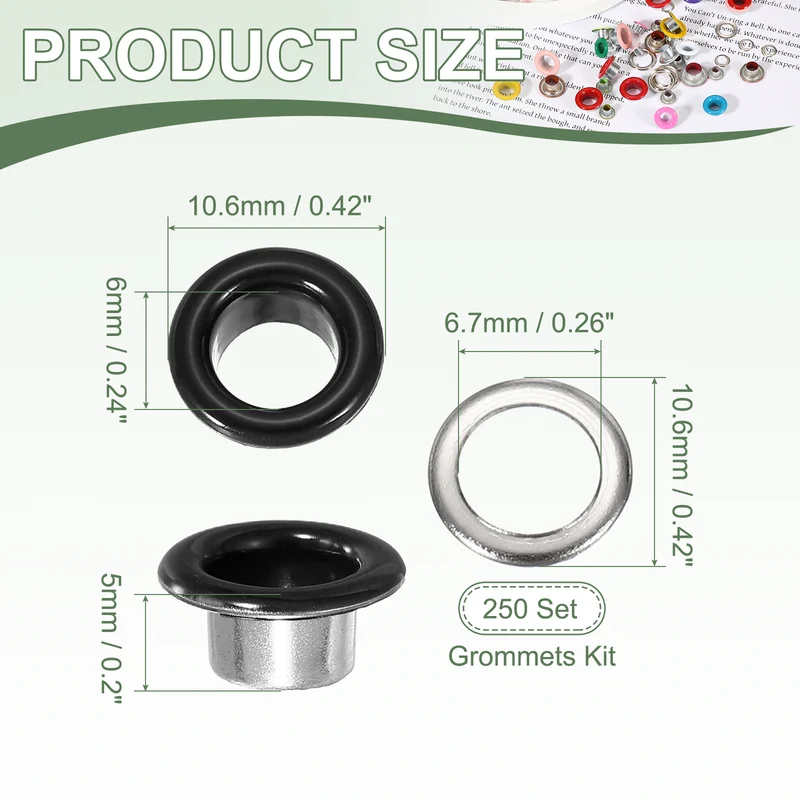 Grommets Kit, Metal Eyelets with Washers 6mm 1/4" & 250 Set & Bright Black