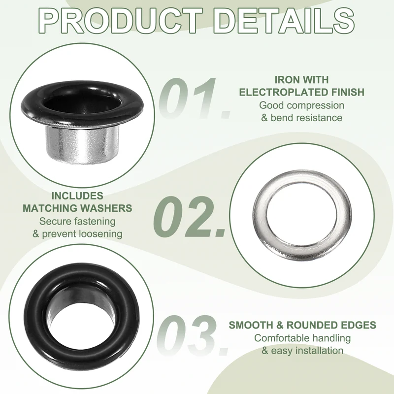 Grommets Kit, Metal Eyelets with Washers 6mm 1/4" & 250 Set & Bright Black