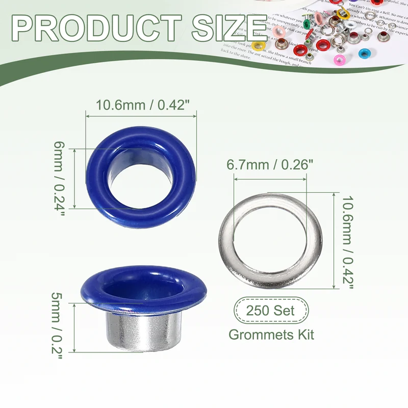 Grommets Kit, Metal Eyelets with Washers 6mm 1/4" & 250 Set & Dark Blue