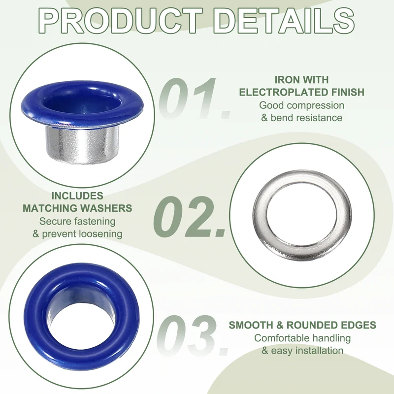 Grommets Kit, Metal Eyelets with Washers 6mm 1/4" & 250 Set & Dark Blue