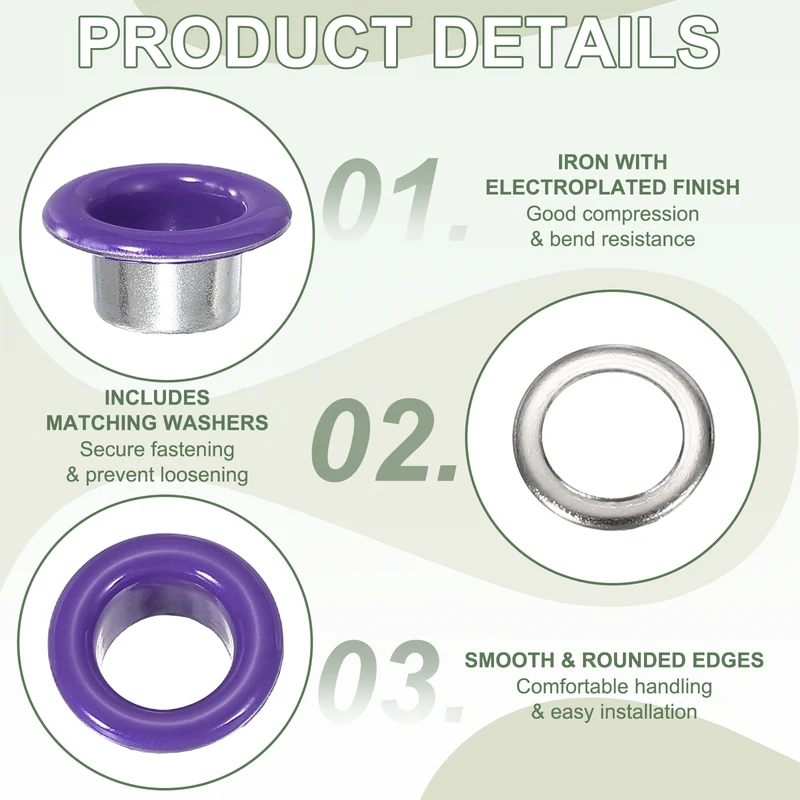 Grommets Kit, Metal Eyelets with Washers 6mm 1/4" & 250 Set & Purple