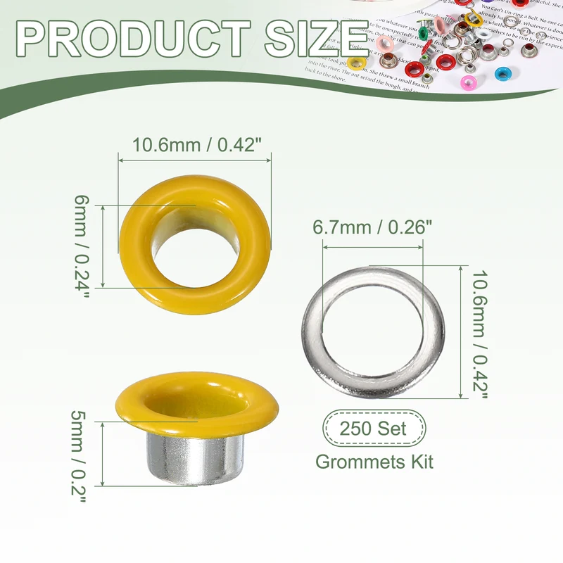 Grommets Kit, Metal Eyelets with Washers 6mm 1/4" & 250 Set & Yellow