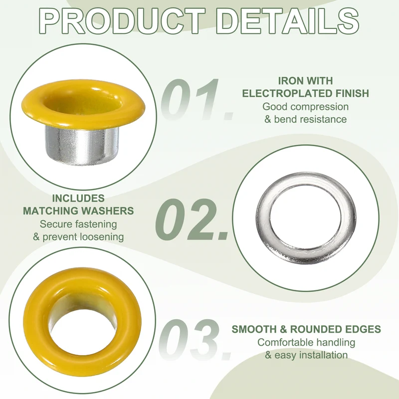 Grommets Kit, Metal Eyelets with Washers 6mm 1/4" & 250 Set & Yellow