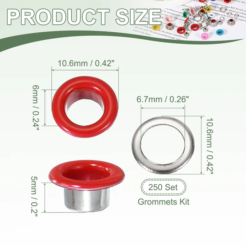Grommets Kit, Metal Eyelets with Washers 6mm 1/4" & 250 Set & Red