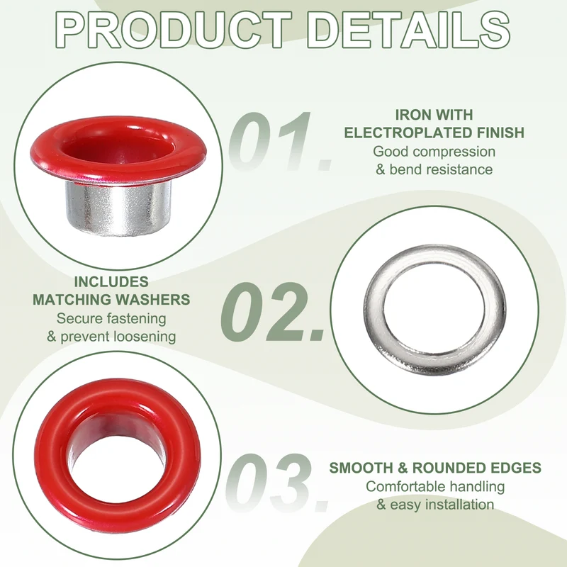 Grommets Kit, Metal Eyelets with Washers 6mm 1/4" & 250 Set & Red
