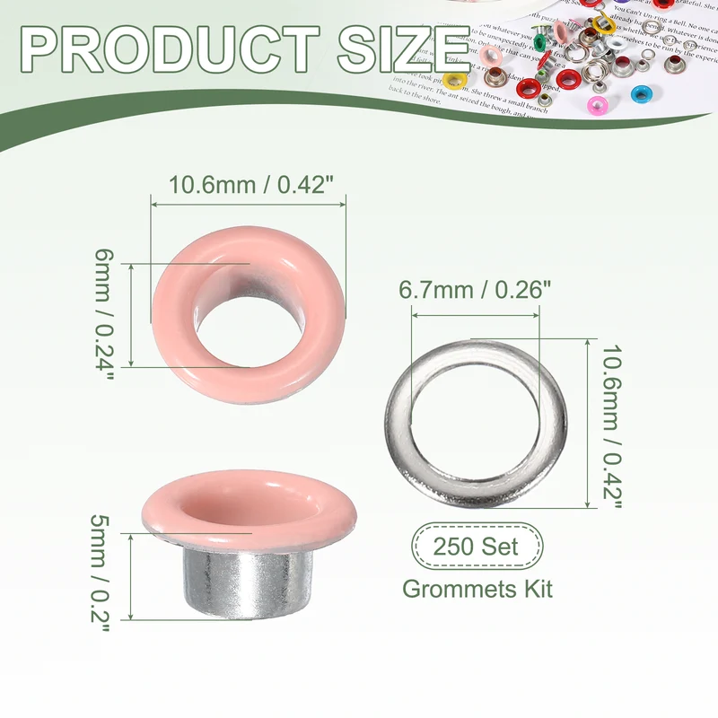 Grommets Kit, Metal Eyelets with Washers 6mm 1/4" & 250 Set & Pink