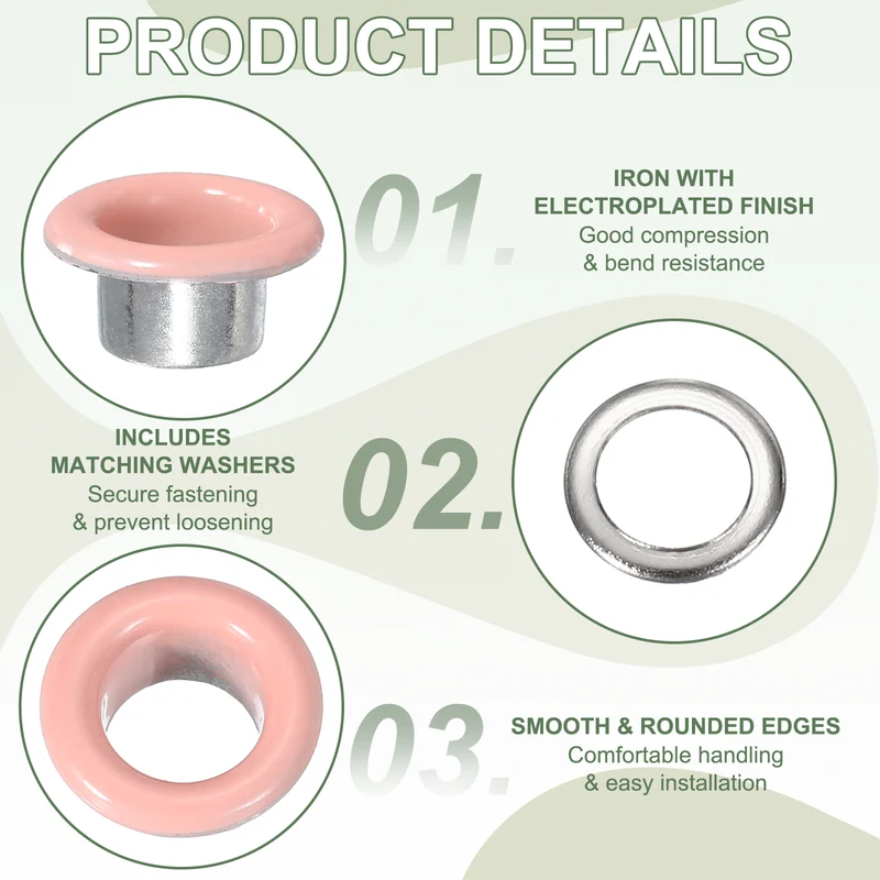 Grommets Kit, Metal Eyelets with Washers 6mm 1/4" & 250 Set & Pink