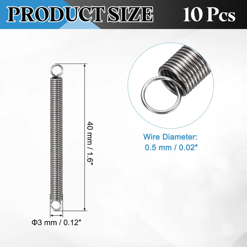 Extension Spring 10pcs Wire Dia 0.02" OD 0.12" Free Length 1.6"
