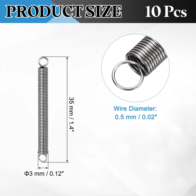 Extension Spring 10pcs Wire Dia 0.02" OD 0.12" Free Length 1.4"