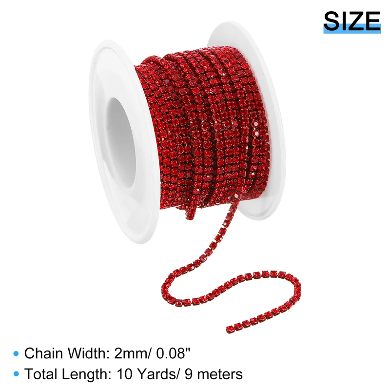 10 Yard Crystal Rhinestone Chain, 2.0mm Close Claw Chain Trim, Red