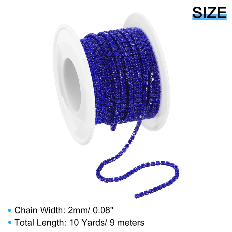 10 Yard Crystal Rhinestone Chain, 2.0mm Close Claw Chain Trim, Sapphire Blue
