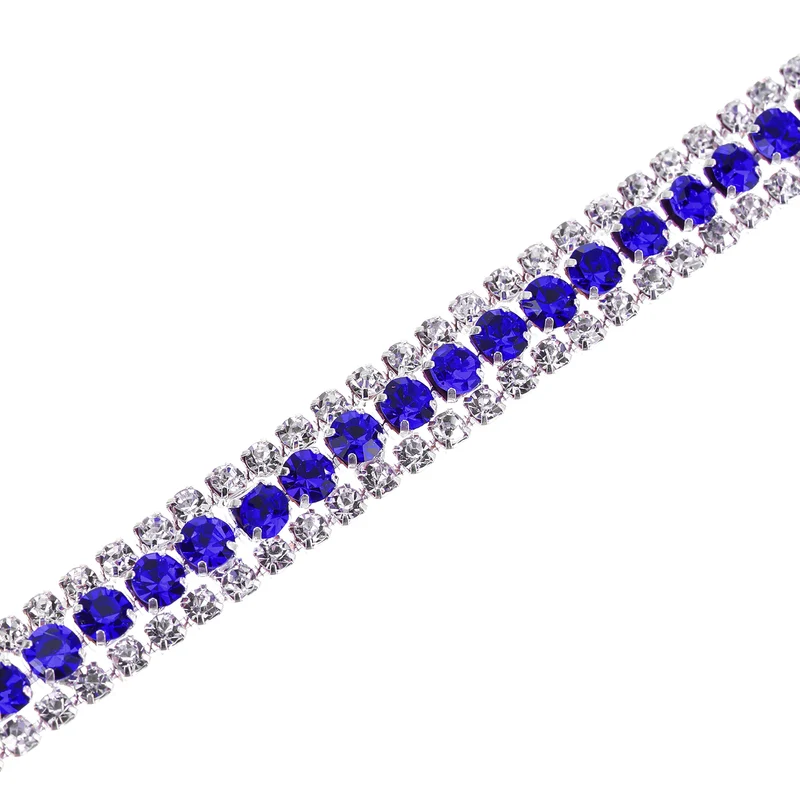 1 Yard 3 Rows Rhinestone Chain, 8.5mm Close Claw Chain Trim (Sapphire, White)