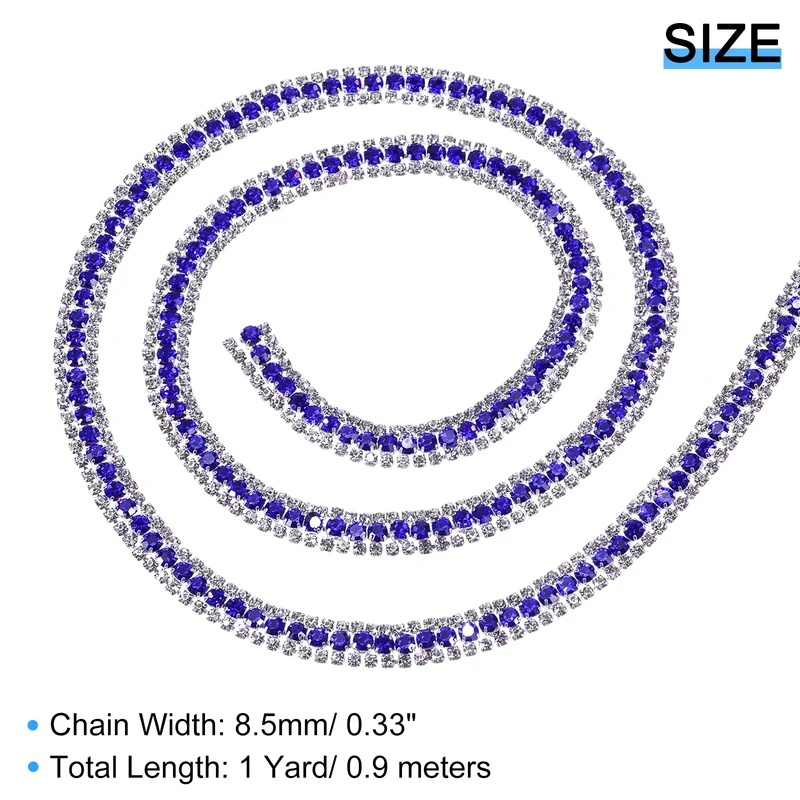 1 Yard 3 Rows Rhinestone Chain, 8.5mm Close Claw Chain Trim (Sapphire, White)
