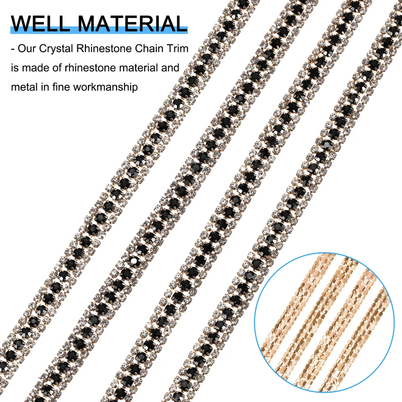 1 Yard 3 Rows Rhinestone Chain 8.5mm Close Claw Chain Trim (Black/White)]