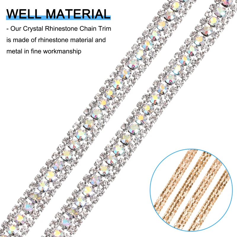 1 Yard 3 Rows Rhinestone Chain, 8.5mm Close Claw Chain Trim (AB, White)