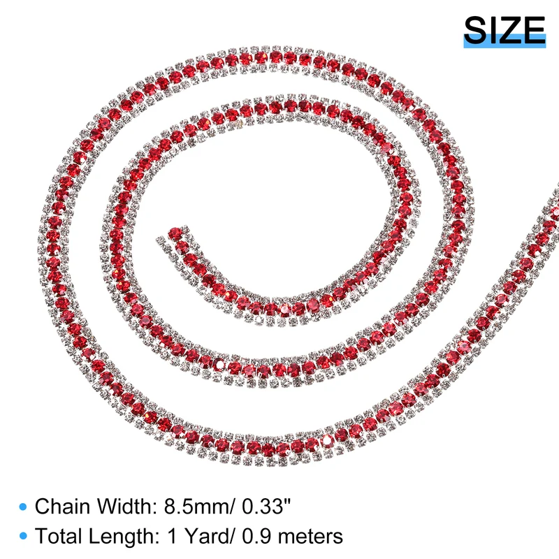 1 Yard 3 Rows Rhinestone Chain, 8.5mm Close Claw Chain Trim (Red, White)