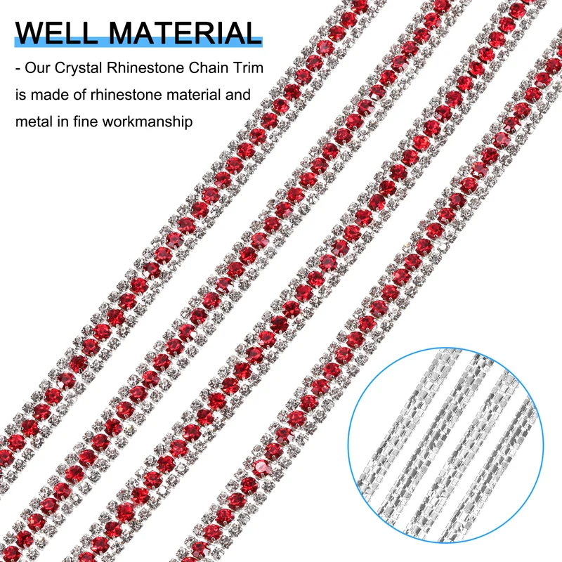 1 Yard 3 Rows Rhinestone Chain, 8.5mm Close Claw Chain Trim (Red, White)