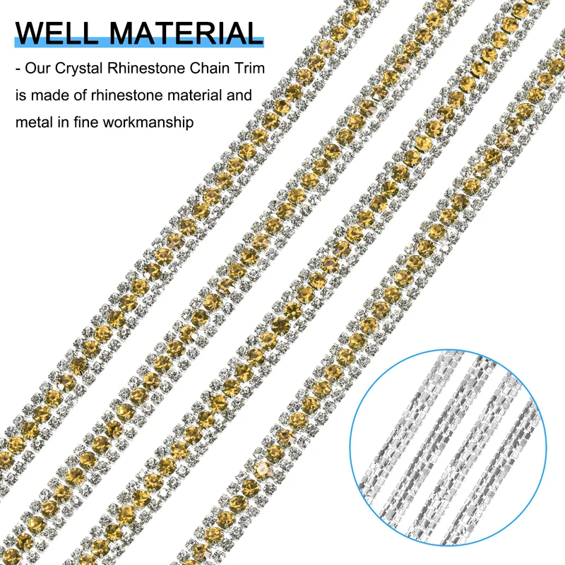 1 Yard 3 Rows Rhinestone Chain, 8.5mm Close Claw Chain Trim (Yellow, White)