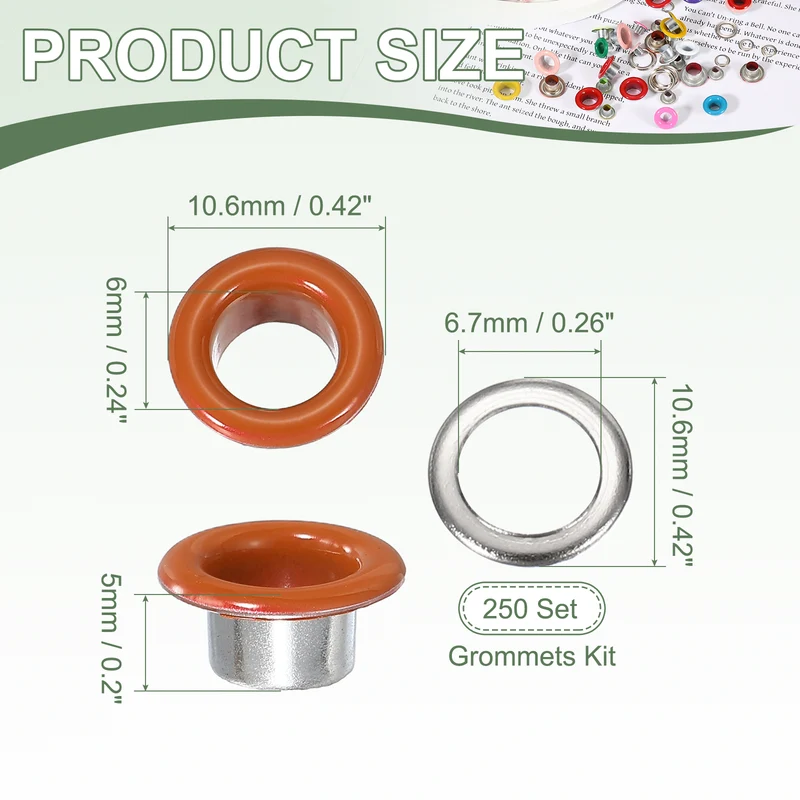 Grommets Kit, Metal Eyelets with Washers 6mm 1/4" & 250 Set & Orange