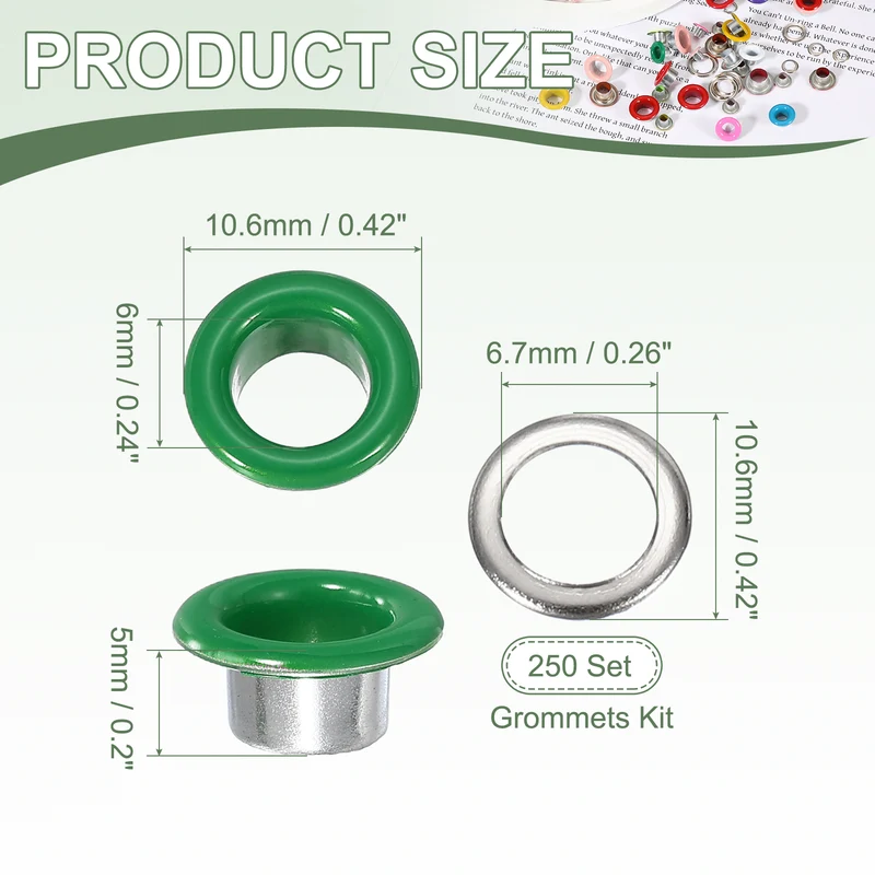 Grommets Kit, Metal Eyelets with Washers 6mm 1/4" & 250 Set & Cyan