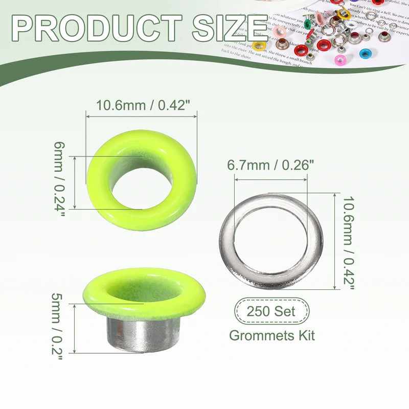 Grommets Kit, Metal Eyelets with Washers 6mm 1/4" & 250 Set & Fluorescent Green