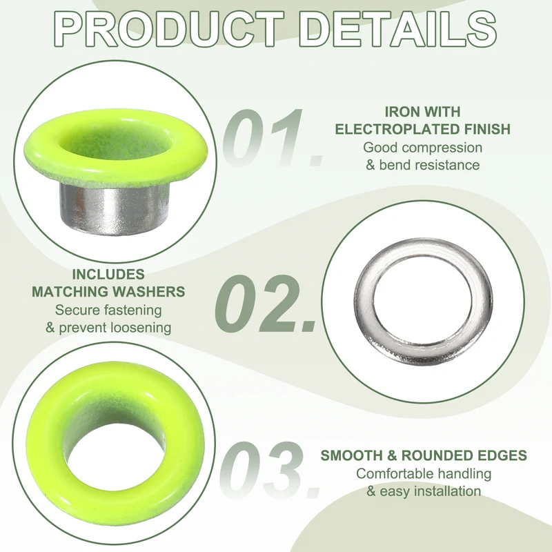 Grommets Kit, Metal Eyelets with Washers 6mm 1/4" & 250 Set & Fluorescent Green