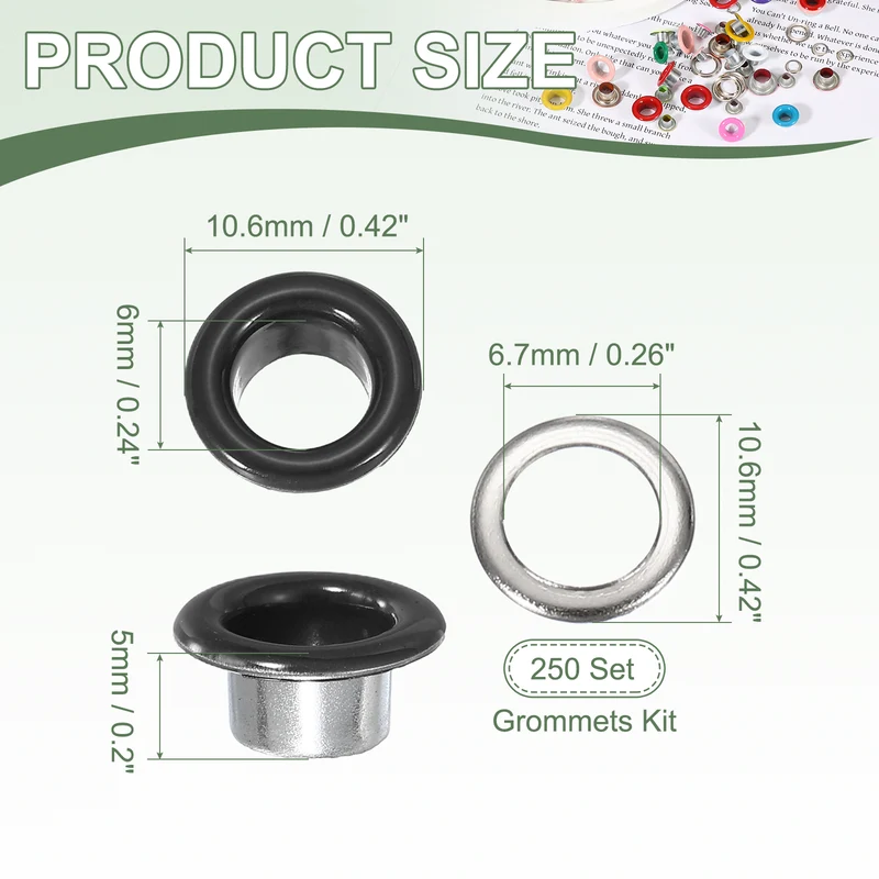 Grommets Kit, Metal Eyelets with Washers 6mm 1/4" & 250 Set & Matte Black